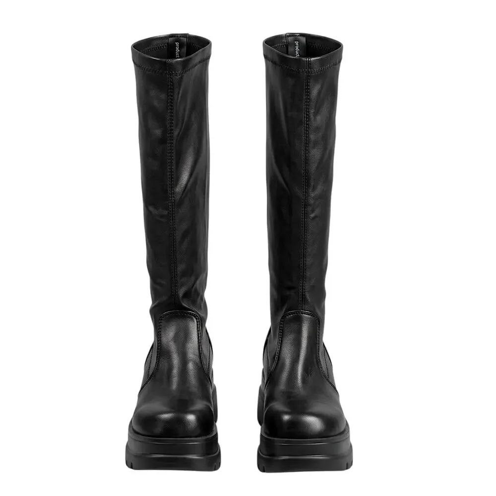 Black Knee High Platform Wedge Boots Chunky Lug Sole Back Zip Size 8.5